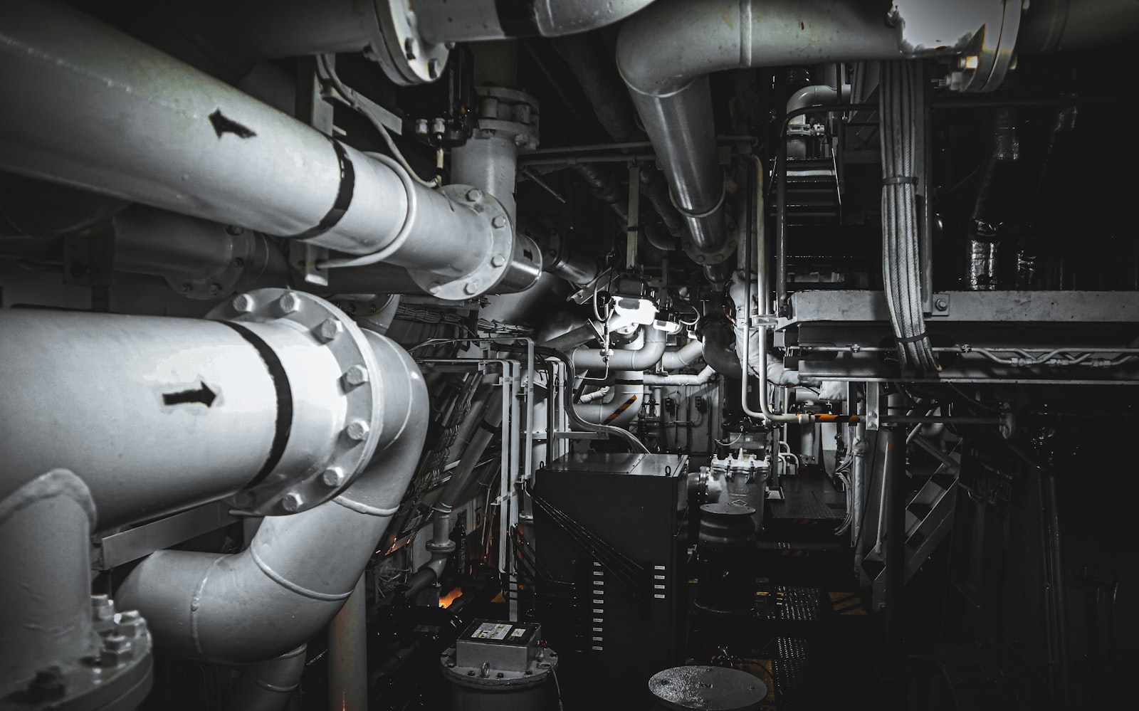 Vessel engine room with piping