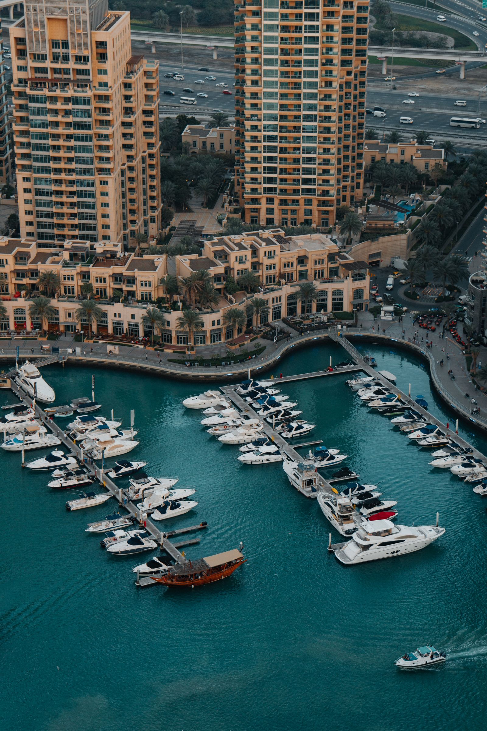 Aerial view of moored yachts at dusk