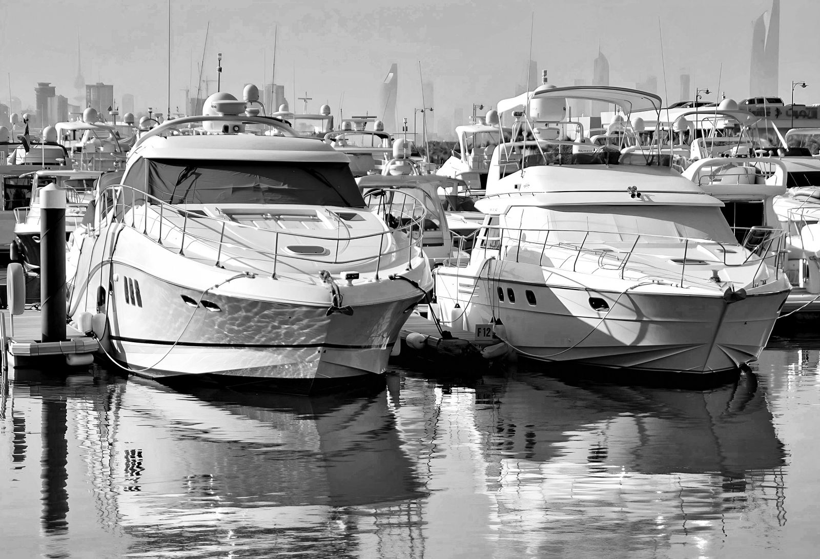 Luxury yachts moored at an urban marina